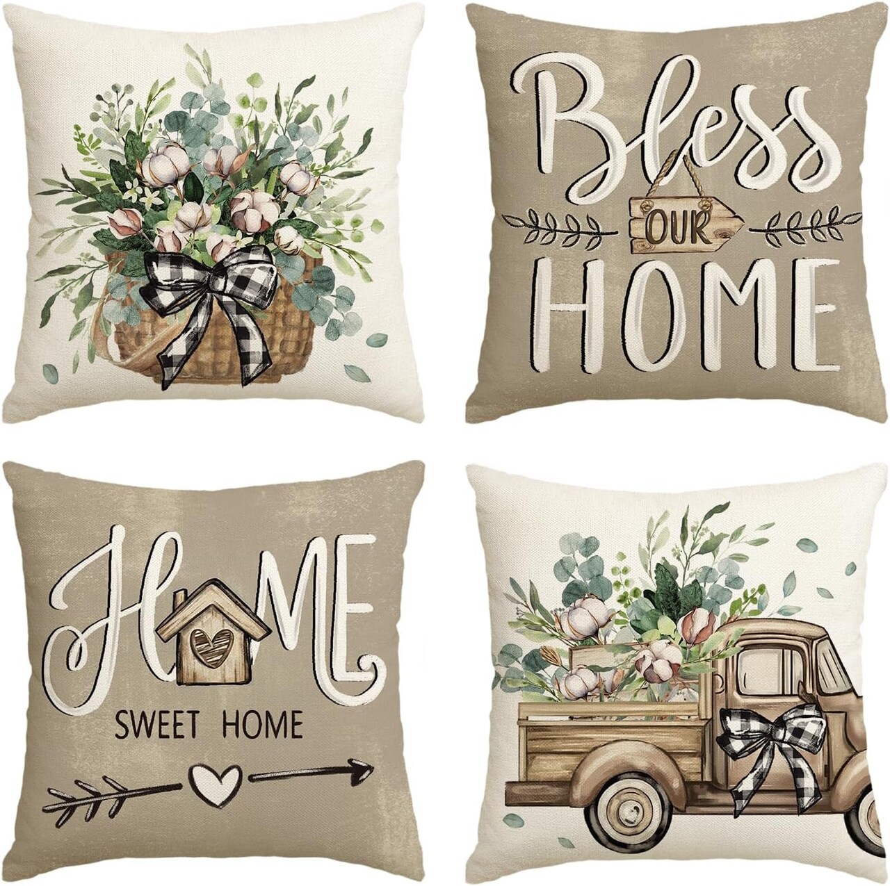 Bless Our Home Farmhouse Eucalyptus Leaves Throw Pillow Covers, 18 x 18 Inch Truck Home Sweet Home Cushion Case Decorations Set of 4
